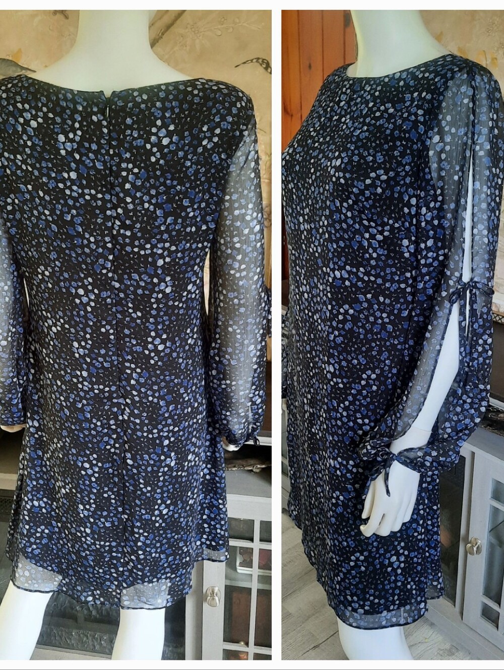 CHAPS RALPH LAUREN Navy Floral Georgette Long Slit Sleeves Shift Dress Sz 6 - Picture 5 of 7